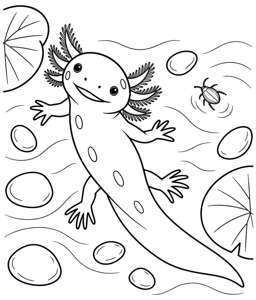 Ausmalbild: Axolotl von oben beim Schwimmen mit Seerosenblättern, Steinen und Käfer