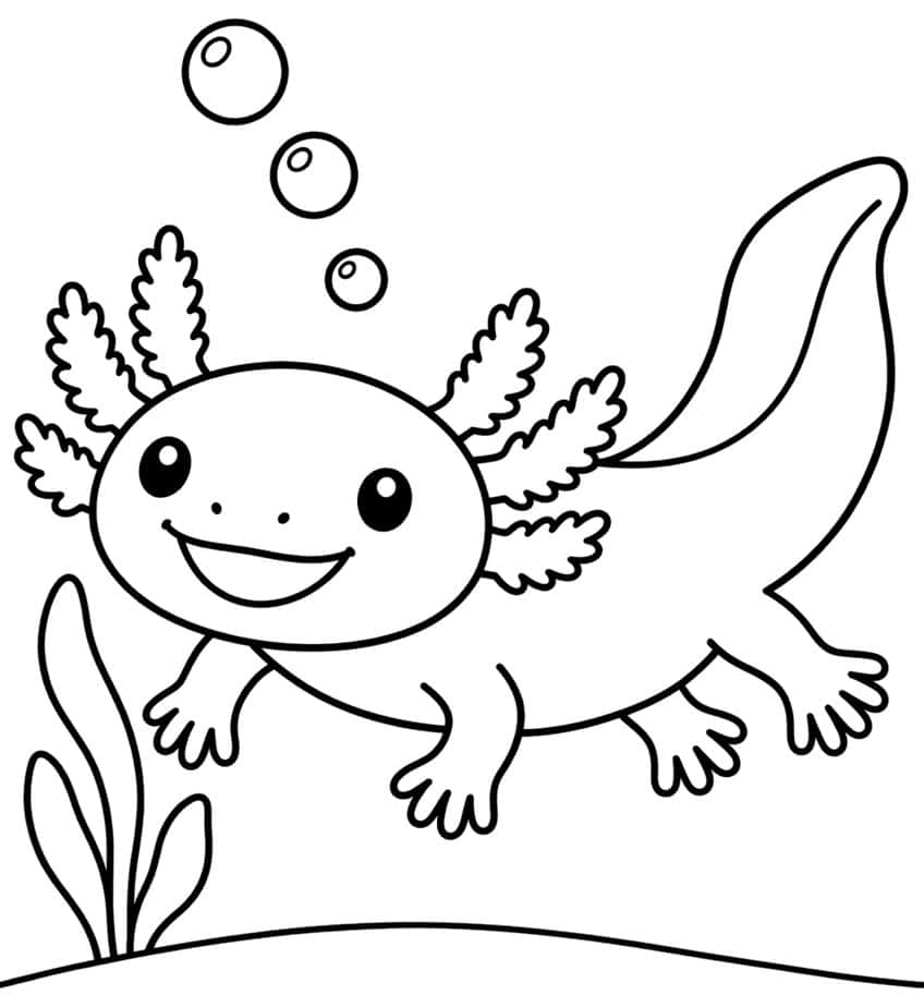 Ausmalbild: lachender Axolotl mit großem Kopf, Seegras und drei Luftblasen