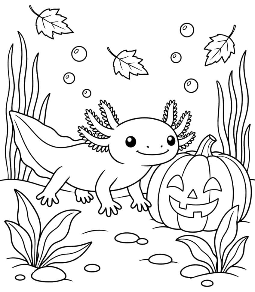 Ausmalbild: Axolotl neben einem Halloween-Kürbis unter Wasser mit Herbstblättern und Luftblasen