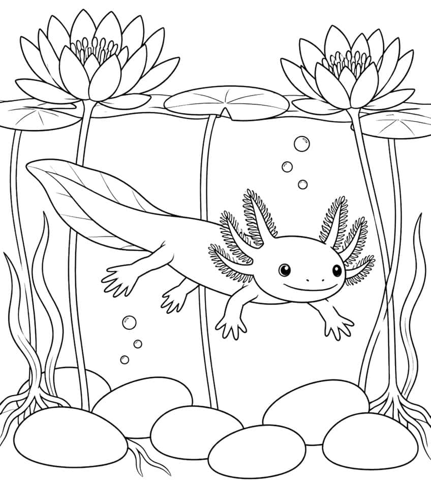 Ausmalbild: Axolotl schwimmt unter zwei blühenden Seerosen über Steinen am Teichgrund