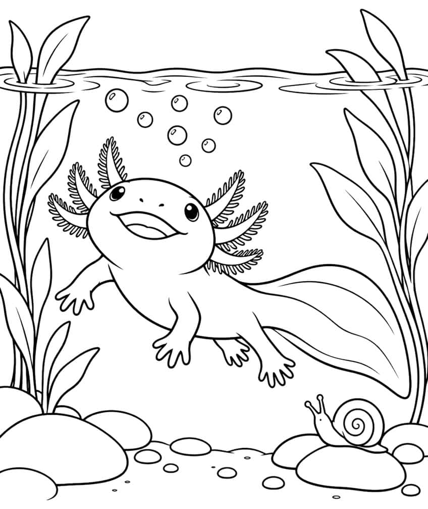 Ausmalbild: lachender Axolotl unter der Wasseroberfläche, Pflanzen, Luftblasen und Schnecke auf Stein