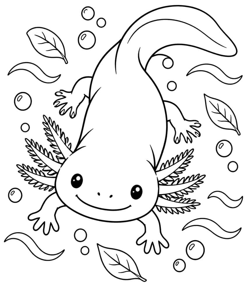 Ausmalbild: lächelnder Axolotl von oben, umgeben von Blättern, Wellen und Luftblasen