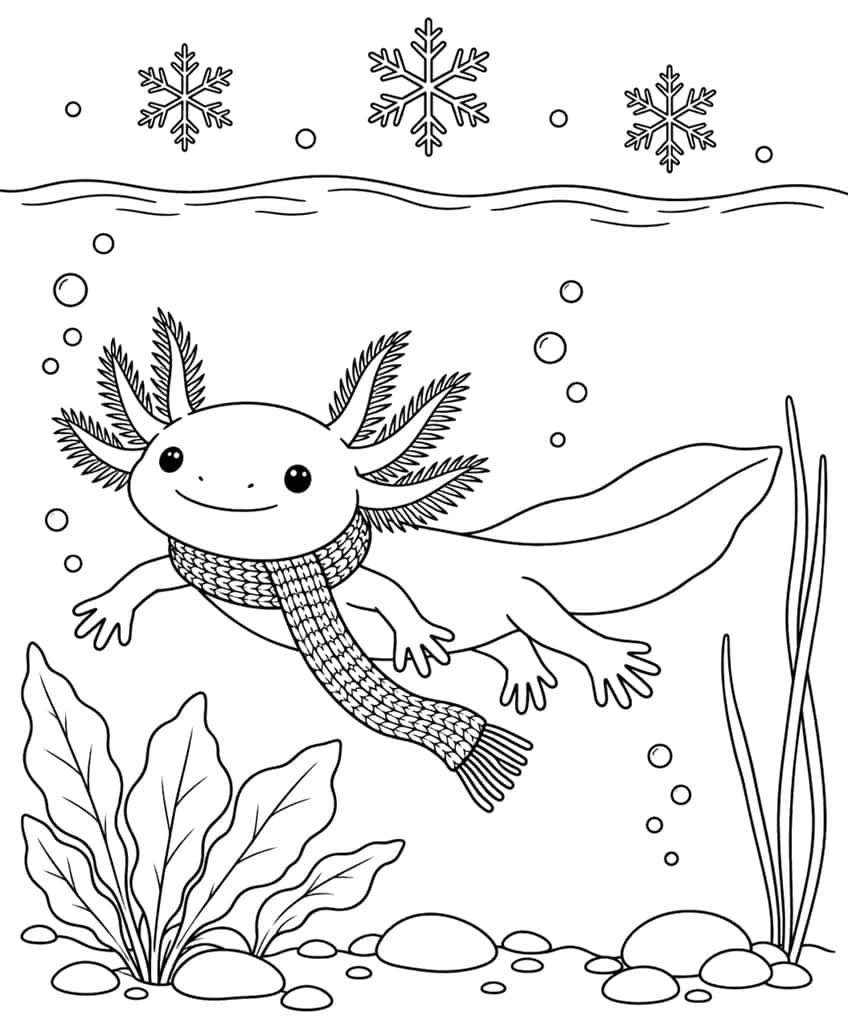 Ausmalbild: Axolotl mit Strickschal unter Wasser, darüber Schneeflocken