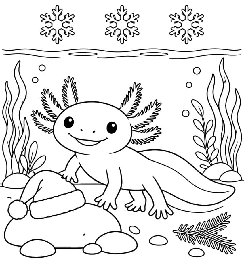 Ausmalbild: Axolotl unter Wasser mit Schneeflocken, Weihnachtsmütze auf einem Stein und Tannenzweig