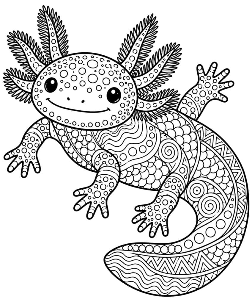 Ausmalbild eines Axolotls im Zentangle-Stil mit Kreisen, Spiralen und Zickzackmustern