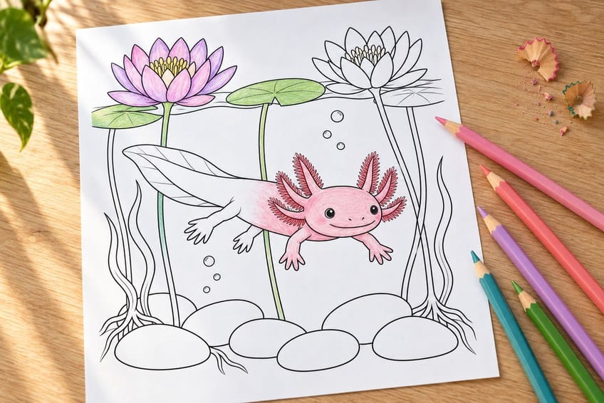 axolotl ausmalbild teilweise mit Buntstiften ausgemalt