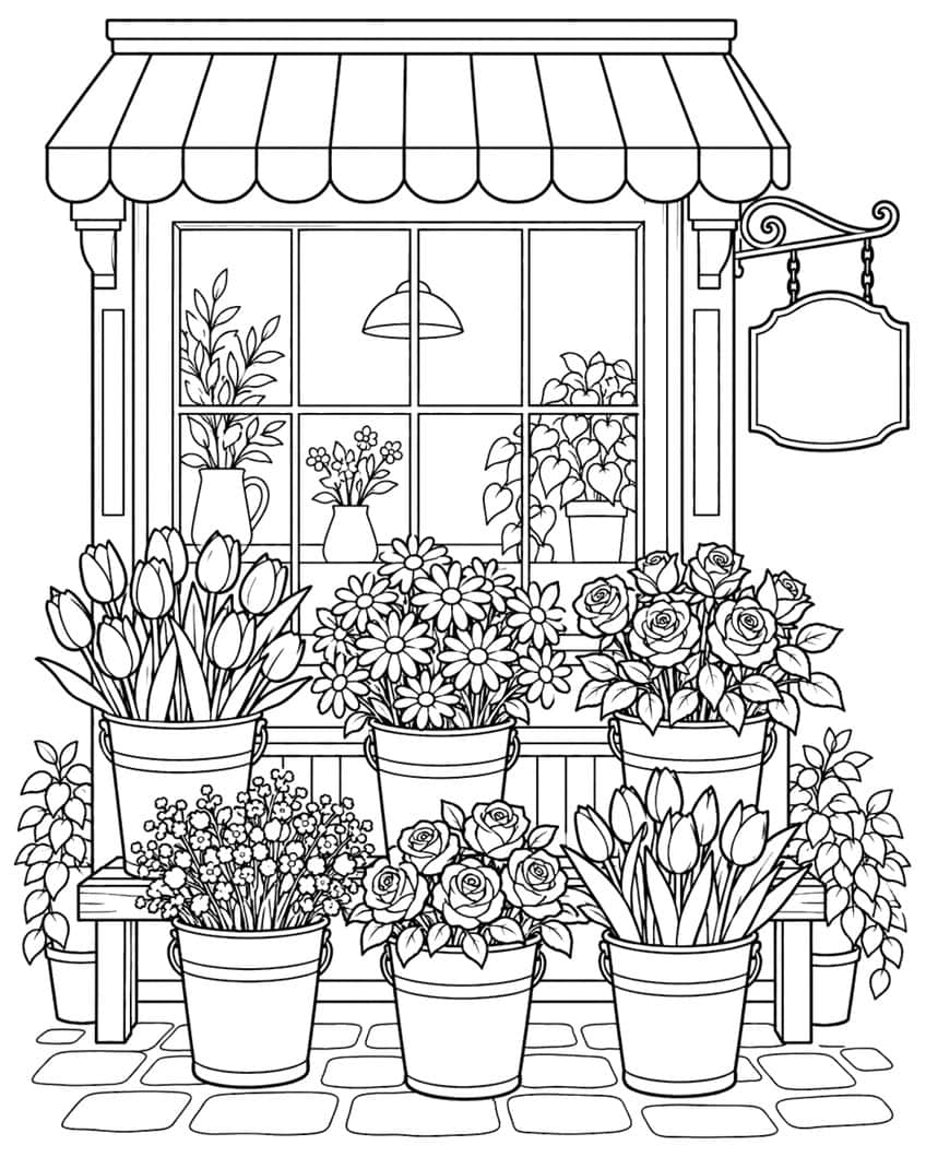 Ausmalbild Blumenladen mit Markise und Eimern voller Tulpen, Margeriten und Rosen