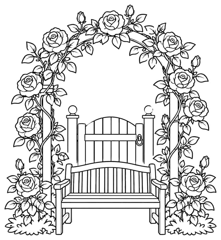 Ausmalbild Rosenbogen mit Gartentor und Holzbank
