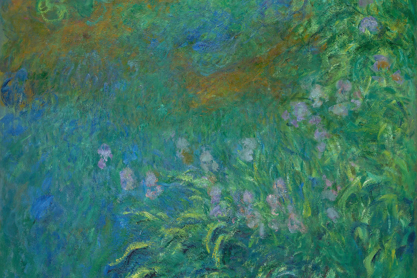Blaue, grüne und violette Pinselstriche formen dichte Irisblüten auf Claude Monets quadratischem Gartenbild.