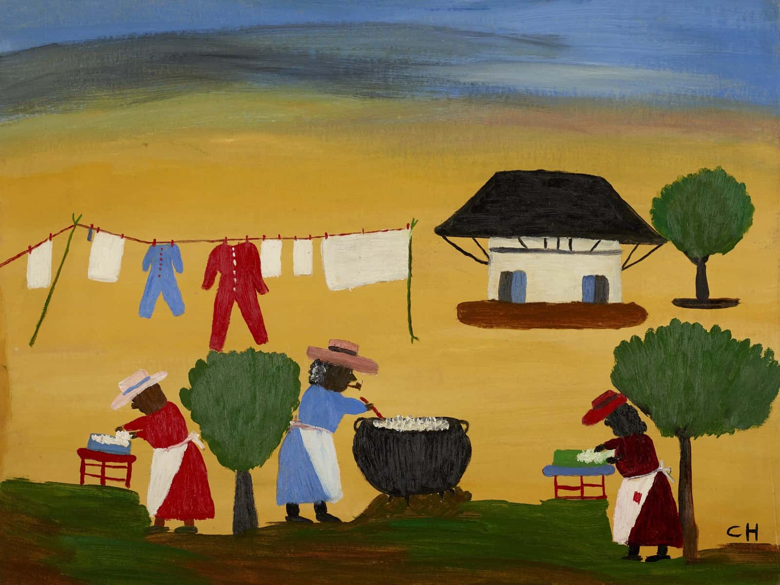 Clementine Hunters The Wash aus den 1950er-Jahren zeigt drei Personen bei der Wäsche vor dem African House.