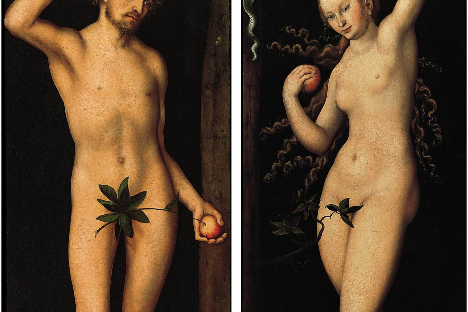 Lucas Cranachs Gemäldepaar zeigt Adam und Eva als beinahe lebensgroße Figuren vor schwarzem Grund zu beiden Seiten des Baums der Erkenntnis.