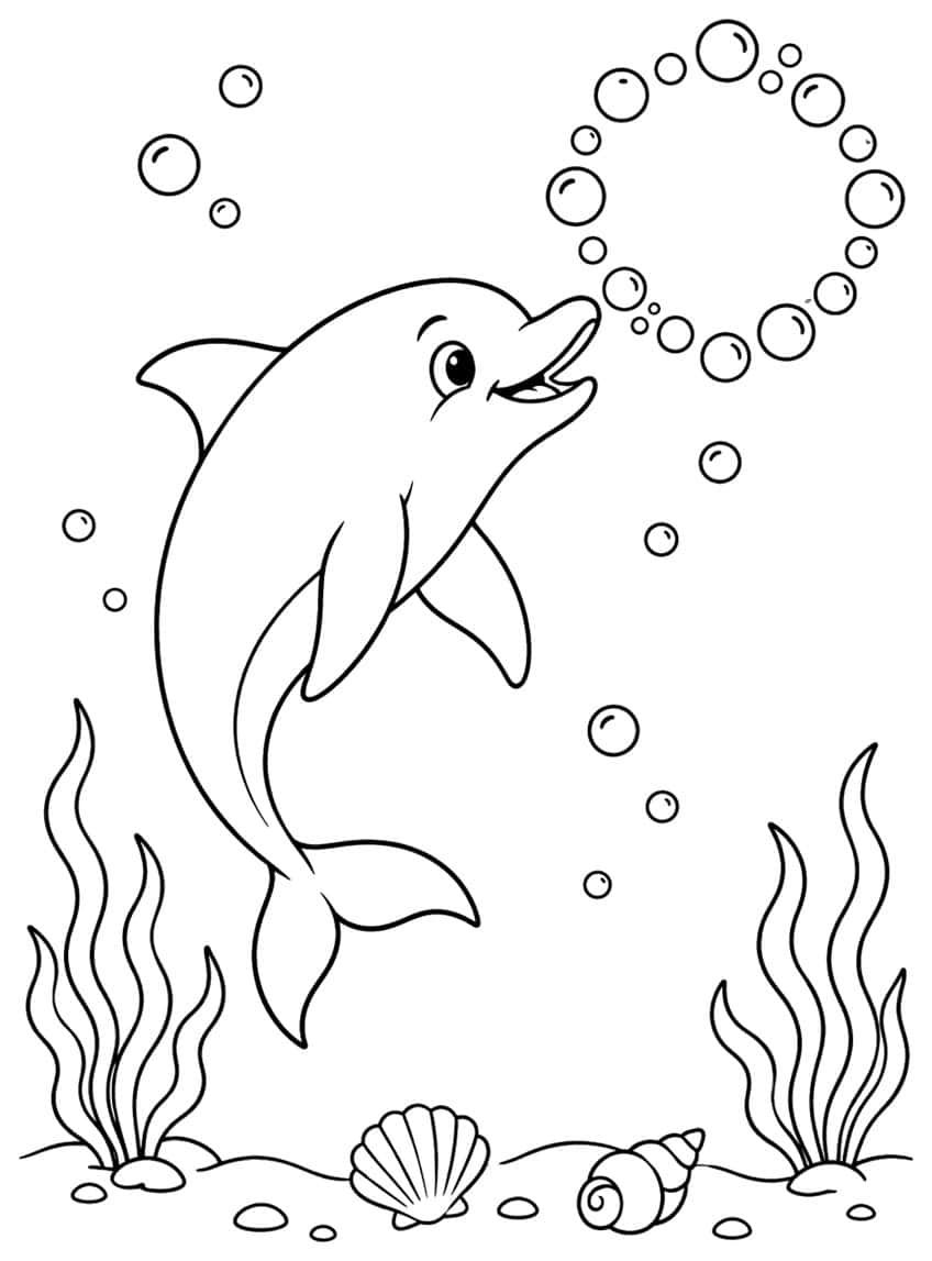 Ausmalbild Delfin pustet Blasenring über Seegras und Muscheln