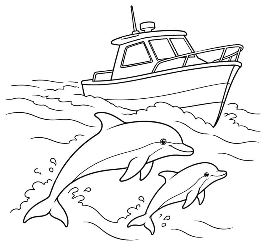 Ausmalbild: Delfinmutter und Jungtier schwimmen vor einem Motorboot