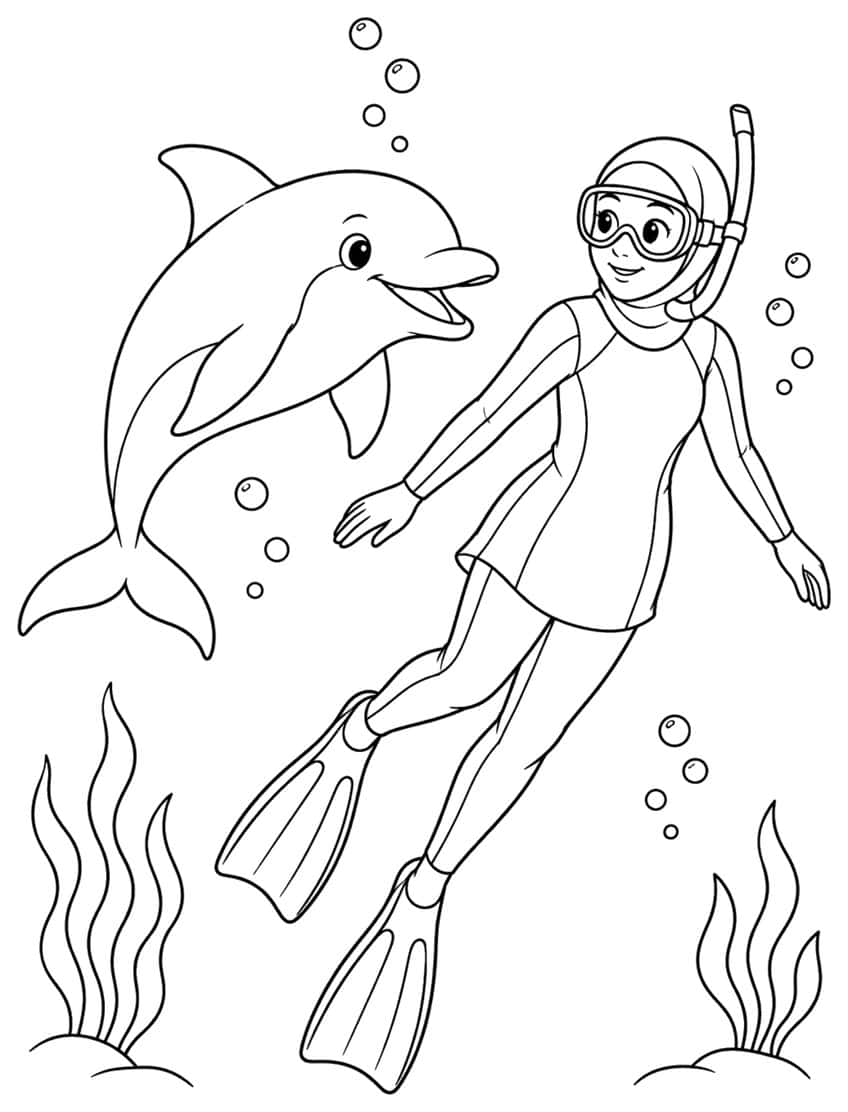 Ausmalbild: Schnorchlerin mit Flossen schwimmt neben lachendem Delfin