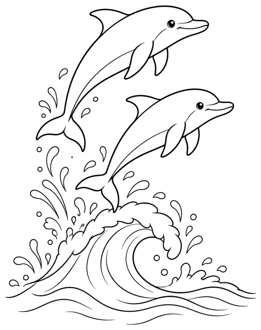 Ausmalbild mit zwei springenden Delfinen über einer Welle mit Wasserspritzern