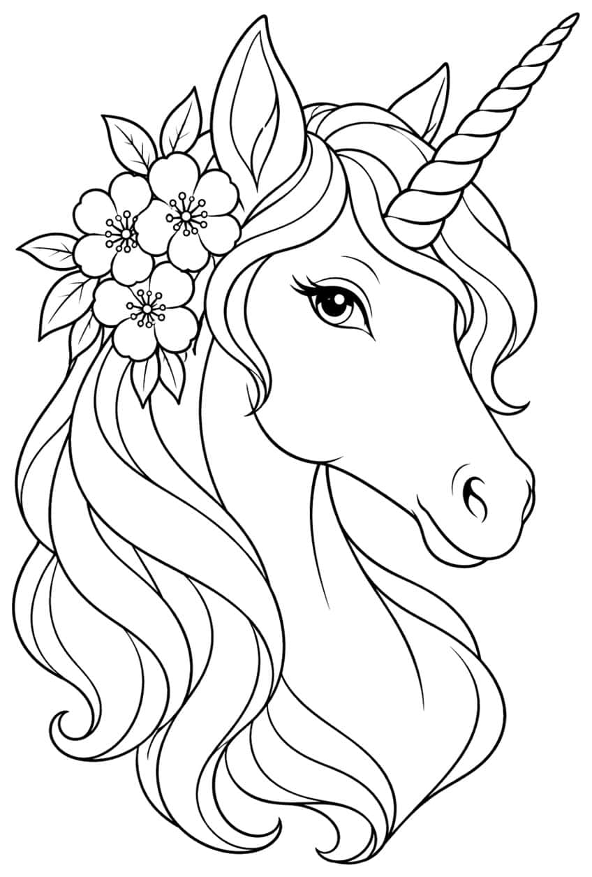 Ausmalbild: Einhornkopf im Profil mit Blüten und langer Wellenmähne