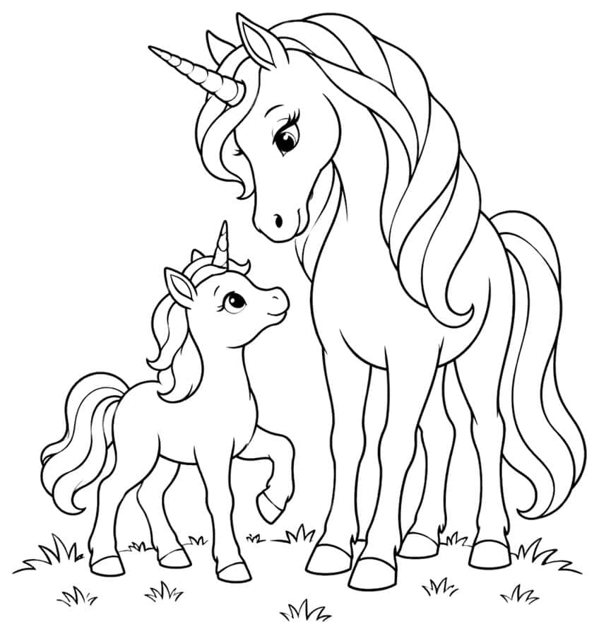 Ausmalbild: großes Einhorn mit kleinem Einhorn-Fohlen auf einer Wiese