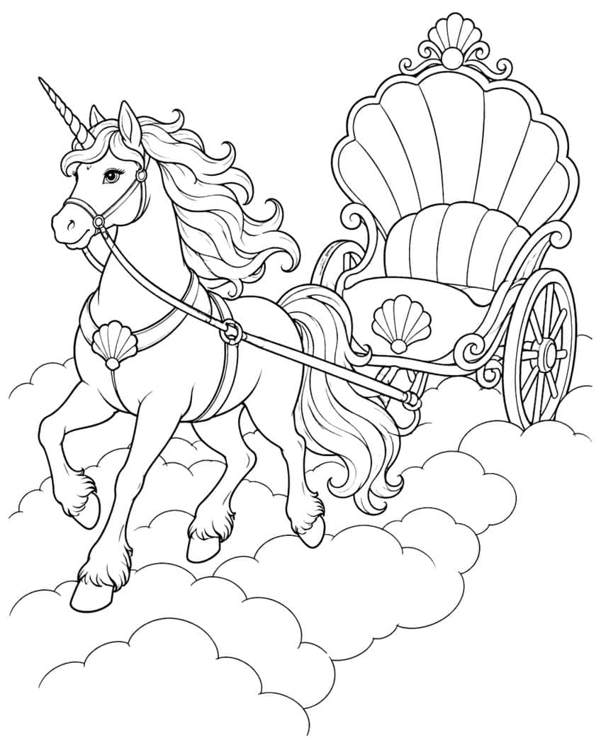 Ausmalbild: Einhorn zieht eine Muschelkutsche über Wolken