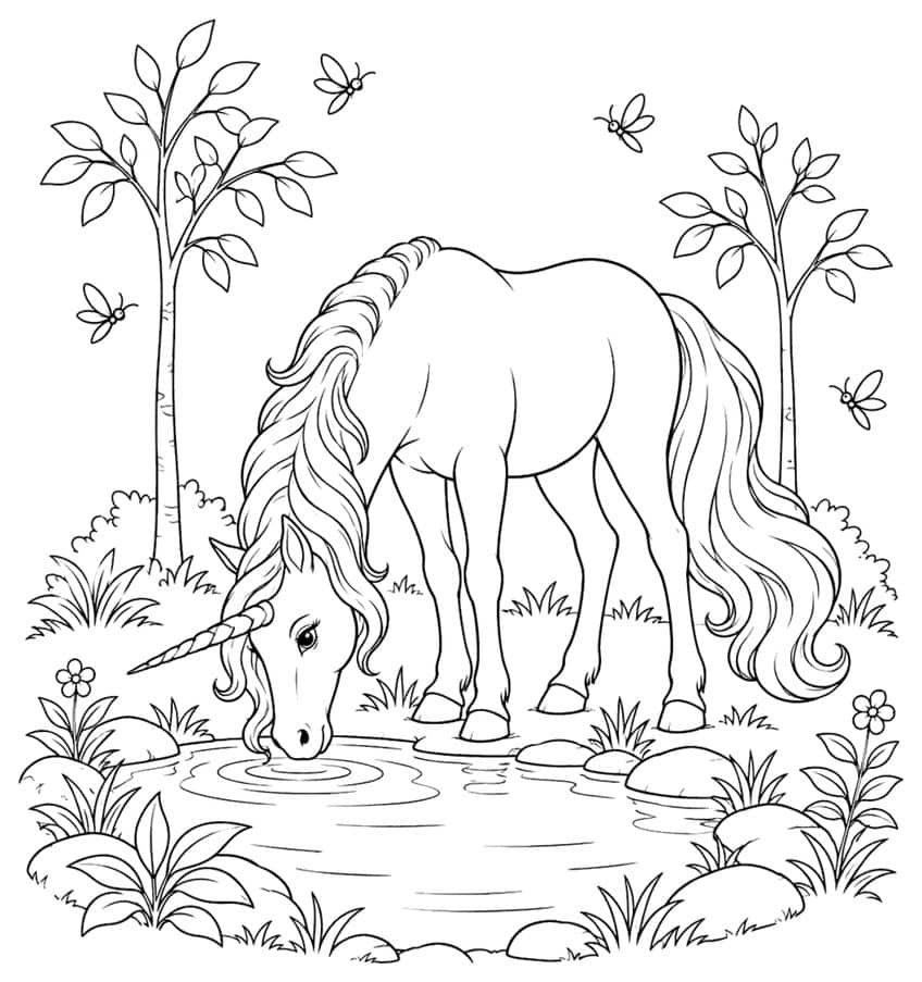 Ausmalbild: Einhorn trinkt an einem Waldteich mit Bäumen und Blumen