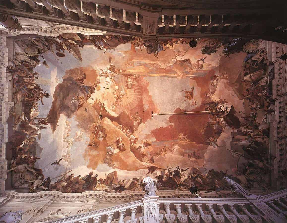 Tiepolos Deckenfresko „Apollo und die Kontinente“ in der Würzburger Residenz zeigt die raumgreifende Bewegung, die Yukhnovich in ihrer Venedig-Phase untersuchte.