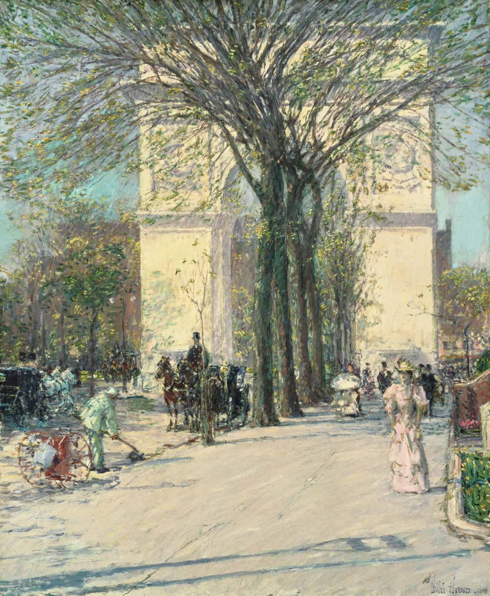 Childe Hassam - Washington Arch, Spring - Google Art Project (cropped). Washington Arch, Spring title QS:P1476,en:"Washington Arch, Spring" label QS:Len,"Washington Arch, Spring".