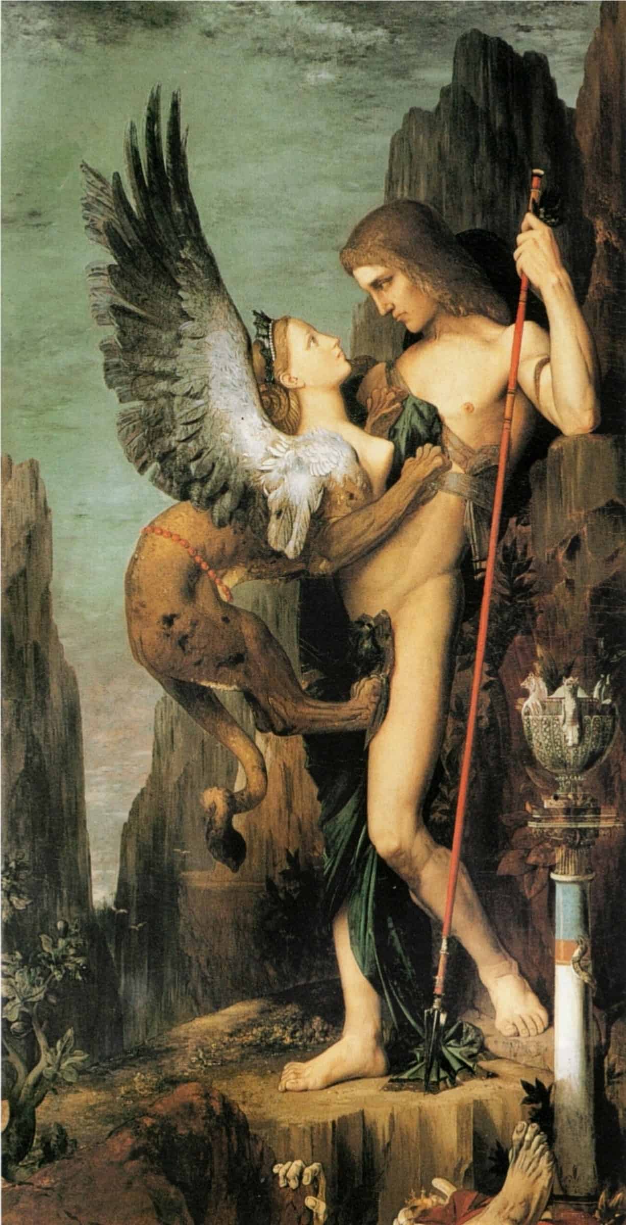 In „Ödipus und die Sphinx“ von 1864 halten Held und Fabelwesen einander in einem angespannten Blick fest.