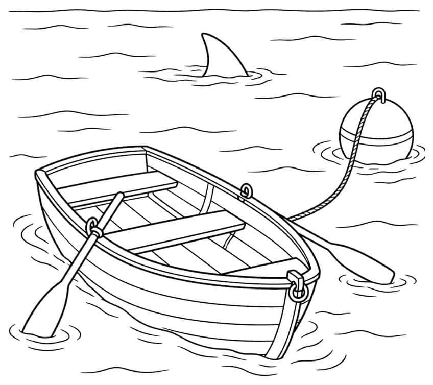 Ausmalbild: Ruderboot mit Boje und Haiflosse im Wasser
