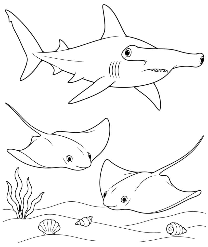 Ausmalbild Hammerhai und zwei Rochen über Seegras und Muscheln