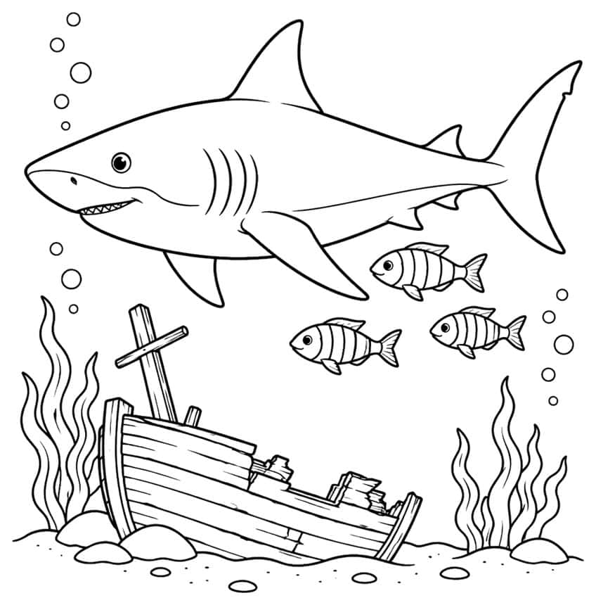 Ausmalbild: Hai mit drei Fischen über einem Schiffswrack am Meeresgrund