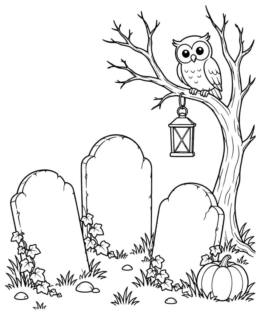 Ausmalbild Friedhof mit Grabsteinen, Eule im Baum, Laterne und Kürbis