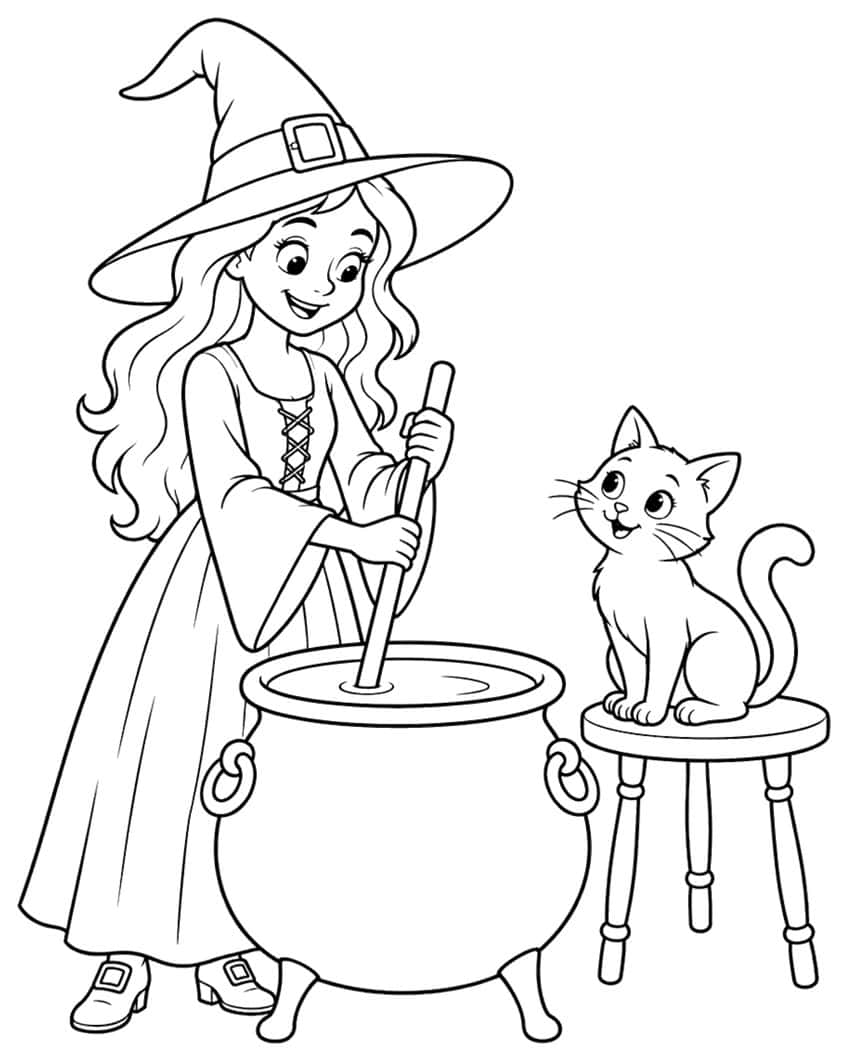 Ausmalbild: Hexe rührt im Kessel, Katze auf Hocker