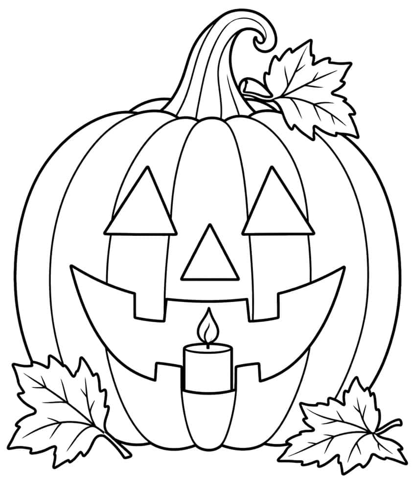 Ausmalbild Halloween-Kürbis mit Kerze und Ahornblättern