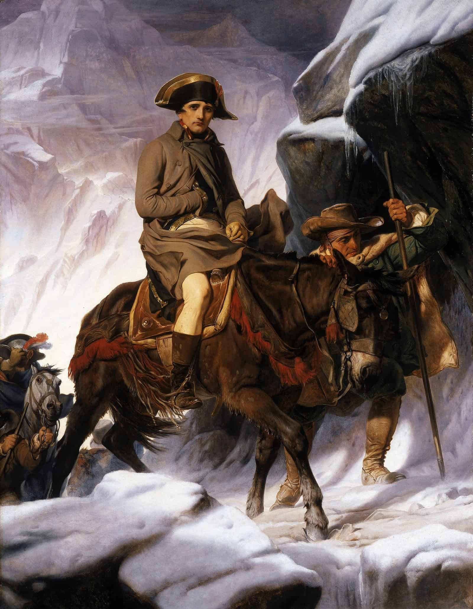 In May 1800 Napoleon crossed the Alps, and in June was his victory at Marengo, Italy, over Austria. He is shown on a mule with a peasant leading him over the Great St Bernard Pass.