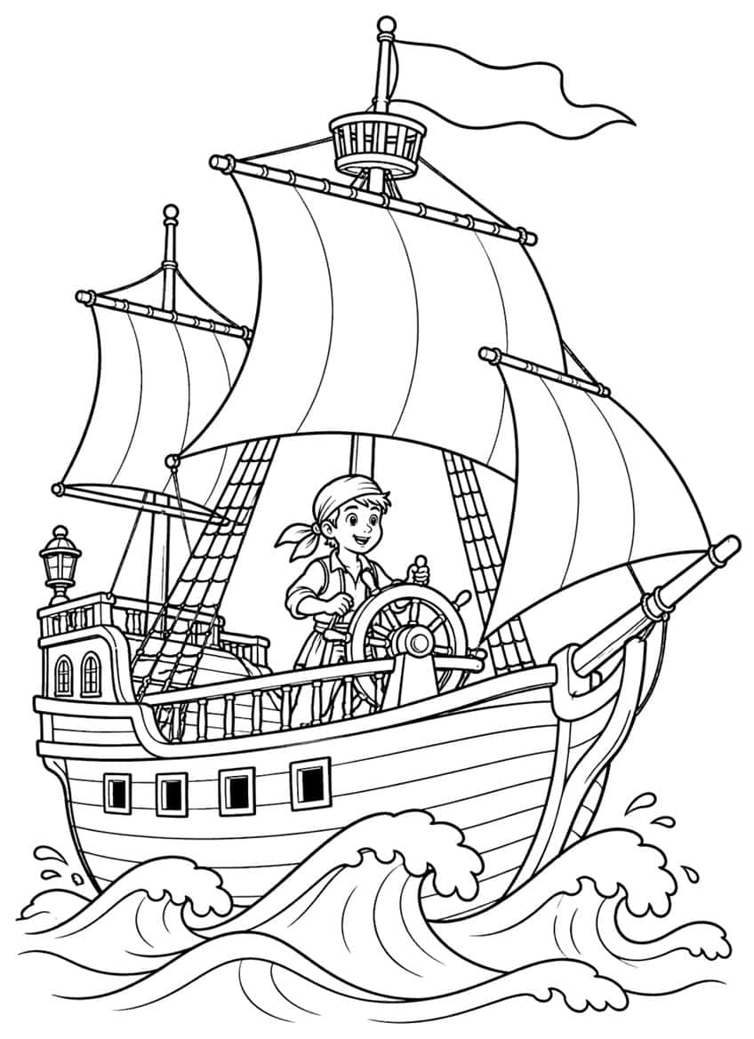 Ausmalbild Piratenschiff mit Junge am Steuerrad auf Wellen