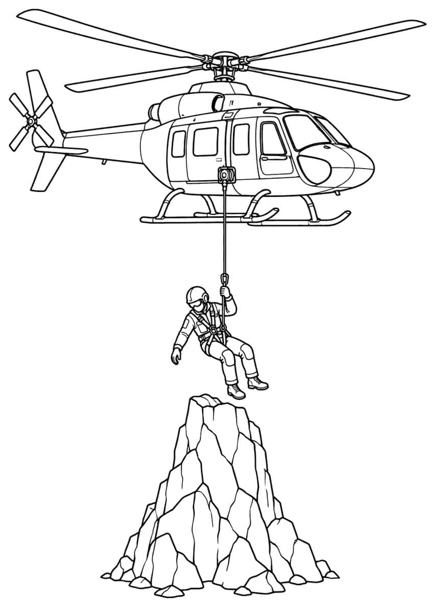Ausmalbild Rettungshubschrauber mit Bergretter am Seil über Felsen