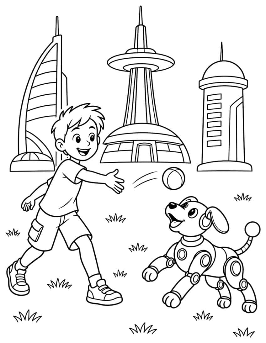 Ausmalbild: Junge wirft Ball für Roboterhund vor Zukunftsstadt