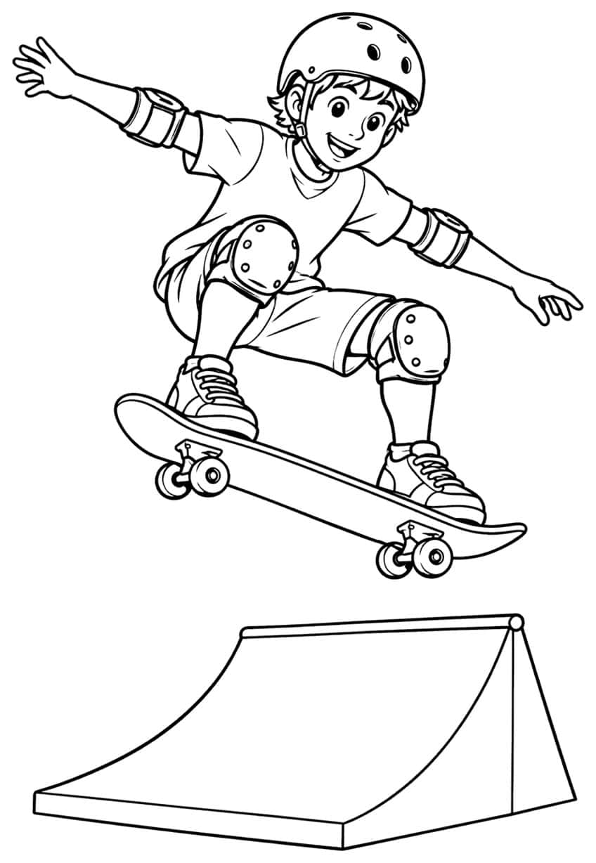 Ausmalbild: Junge springt mit Skateboard über eine Rampe