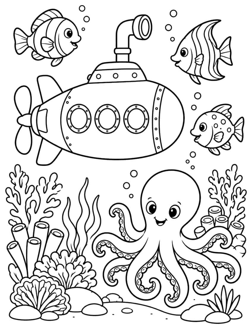 Ausmalbild U-Boot unter Wasser mit Fischen, Krake und Korallen