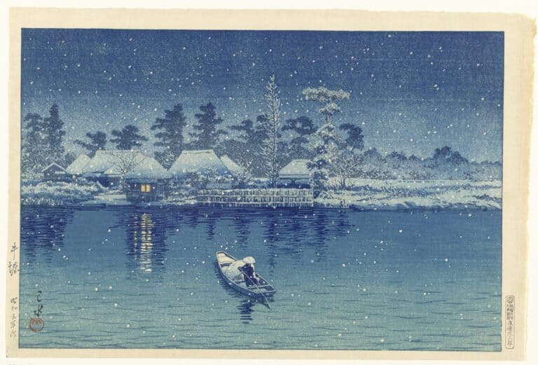 „Ushibori“ von 1930 zeigt ein Boot in nächtlichem Schneefall vor erleuchteten Häusern.