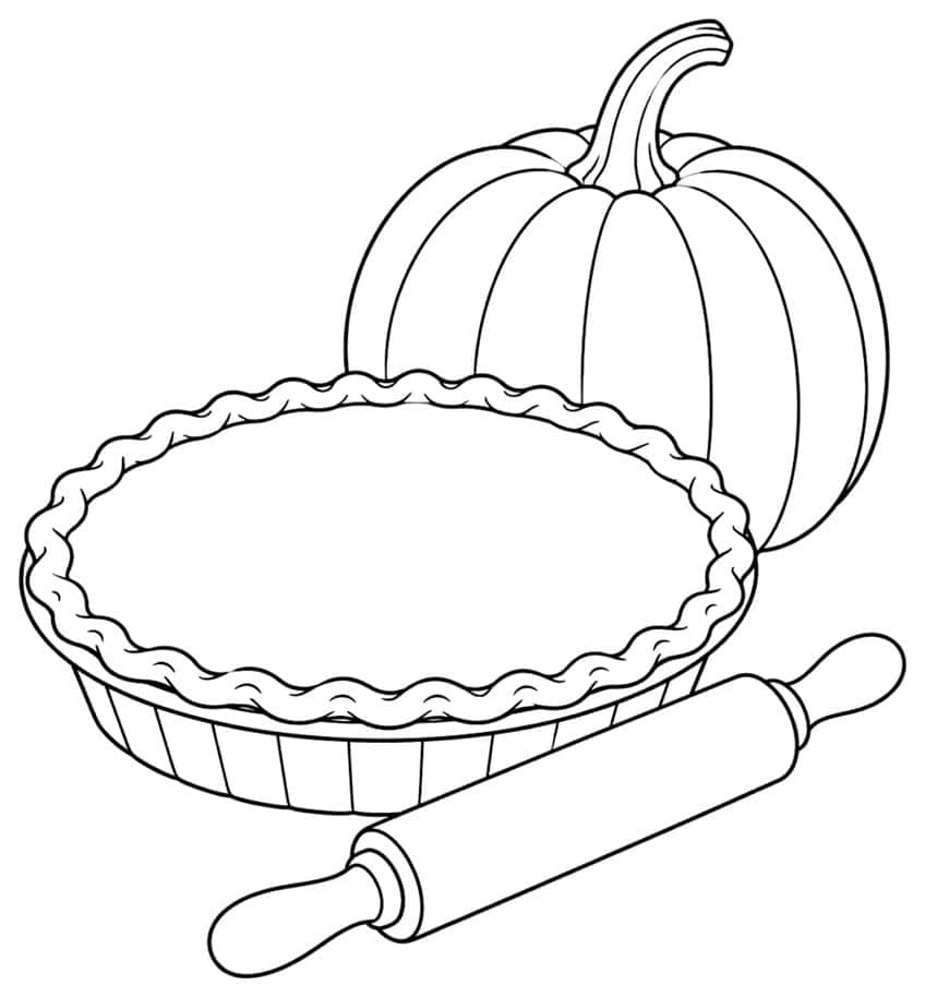 Ausmalbild Kürbiskuchen in der Backform mit Kürbis und Nudelholz