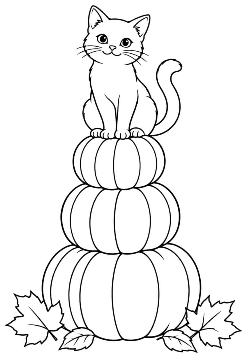Ausmalbild: Katze sitzt auf drei gestapelten Kürbissen mit Herbstblättern