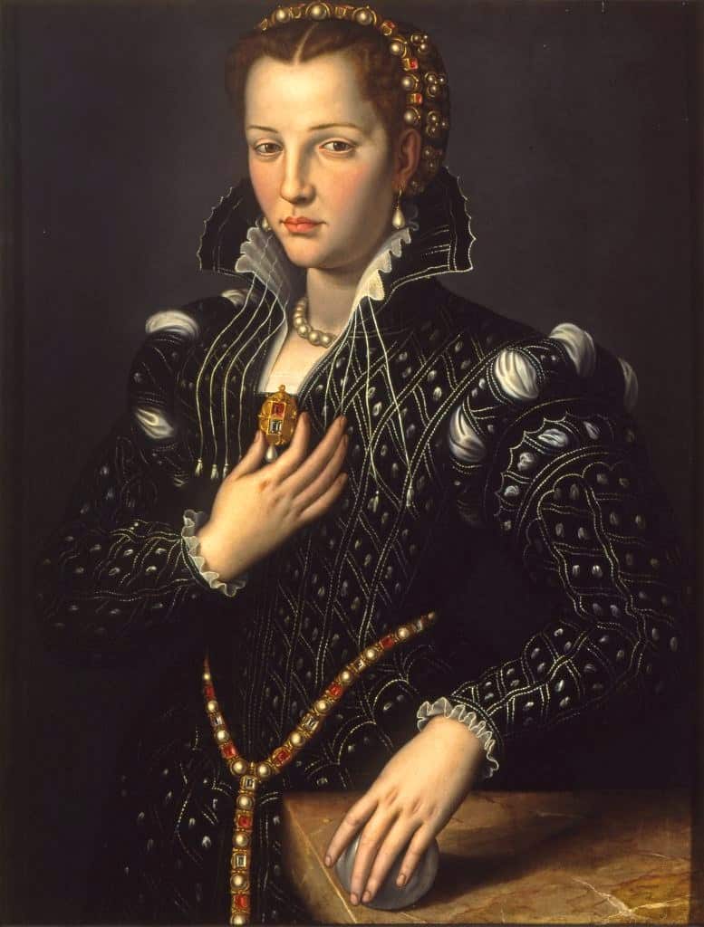 Lucrezia de’ Medici in dem um 1559/60 entstandenen Hofporträt, das heute Alessandro Allori zugeschrieben wird.