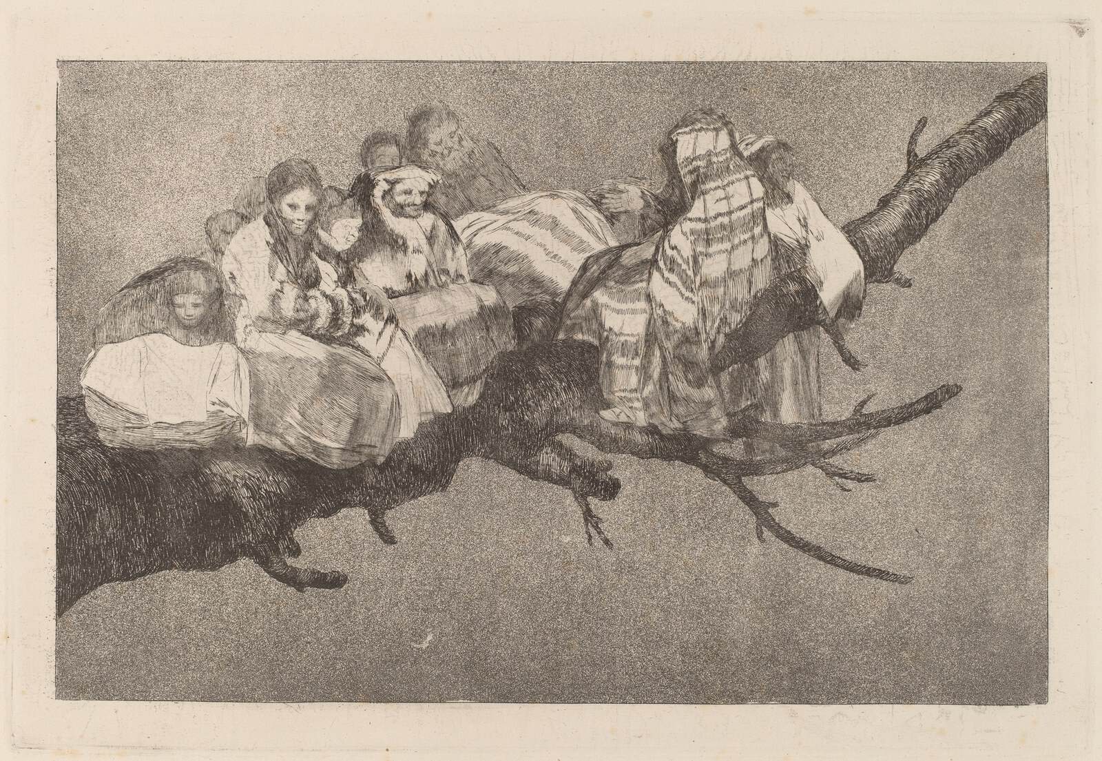 In Goyas Disparate ridículo sitzt eine Figurengruppe auf einem Ast, ein Motiv, das Armitage in The Fourth Estate neu aufgreift.