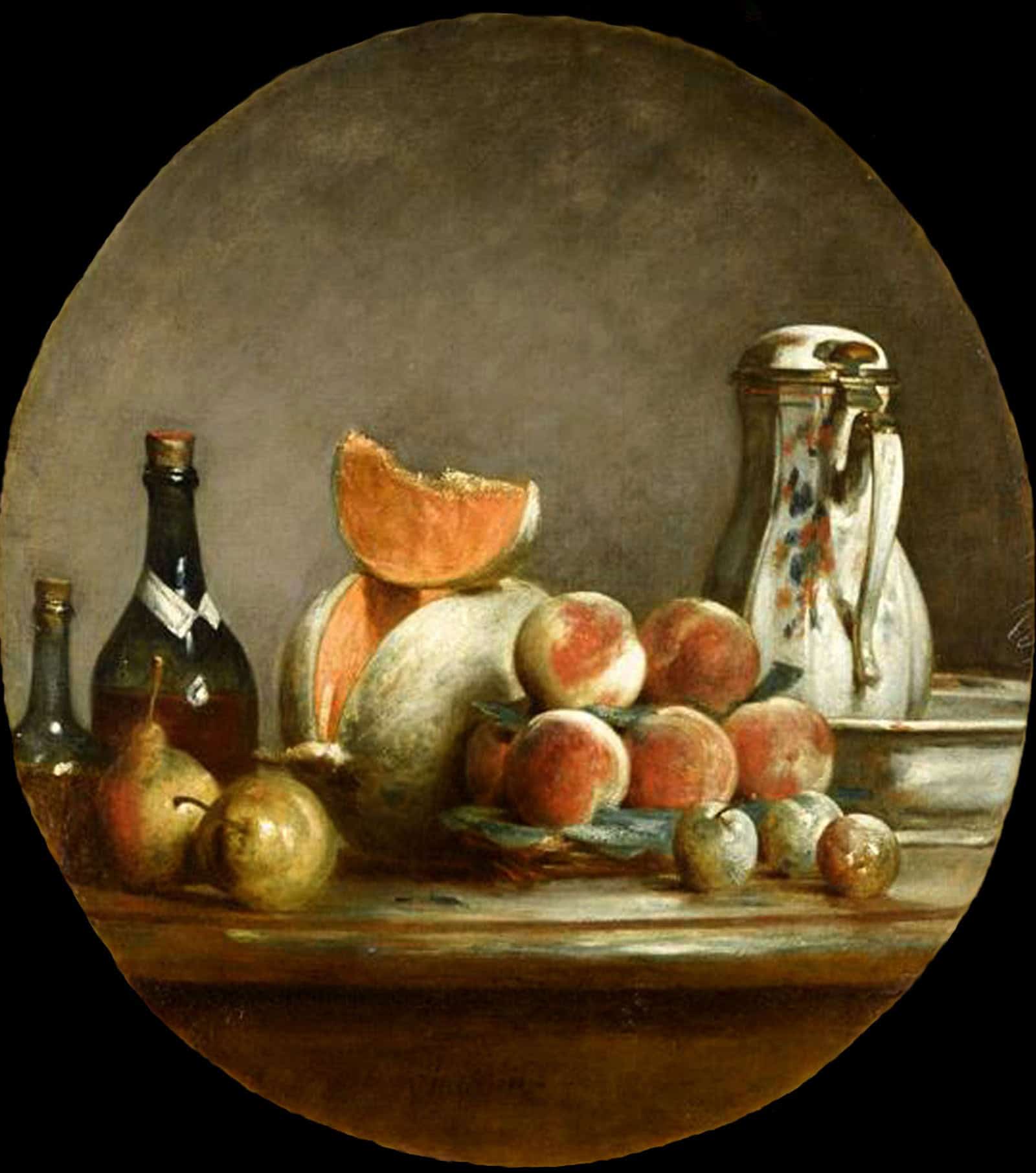 Jean Siméon Chardins Stillleben mit aufgeschnittener Melone, Birnen, Pfirsichen und Pflaumen von 1763.
