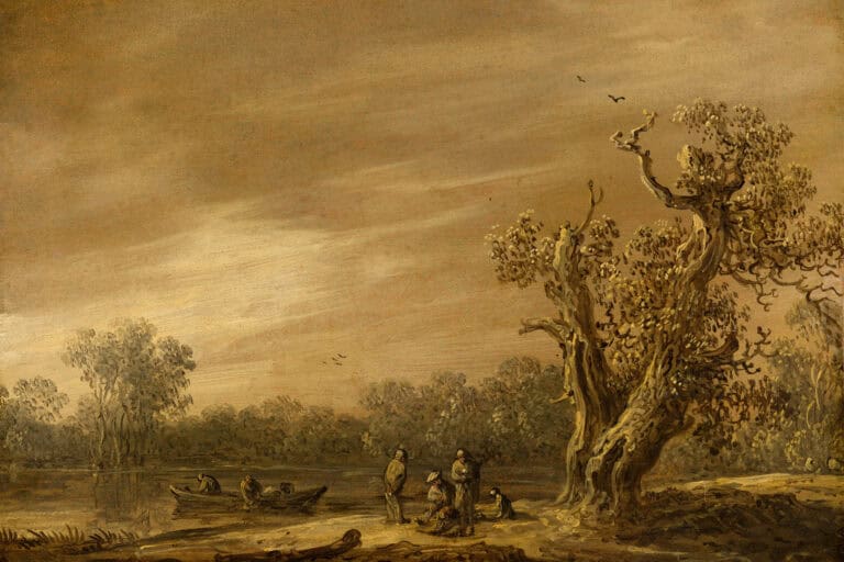 Jan van Goyens brauntoniges Gemälde Fishermen by the Lakeshore zeigt Figuren und einen Hund am Seeufer unter zwei großen Bäumen.