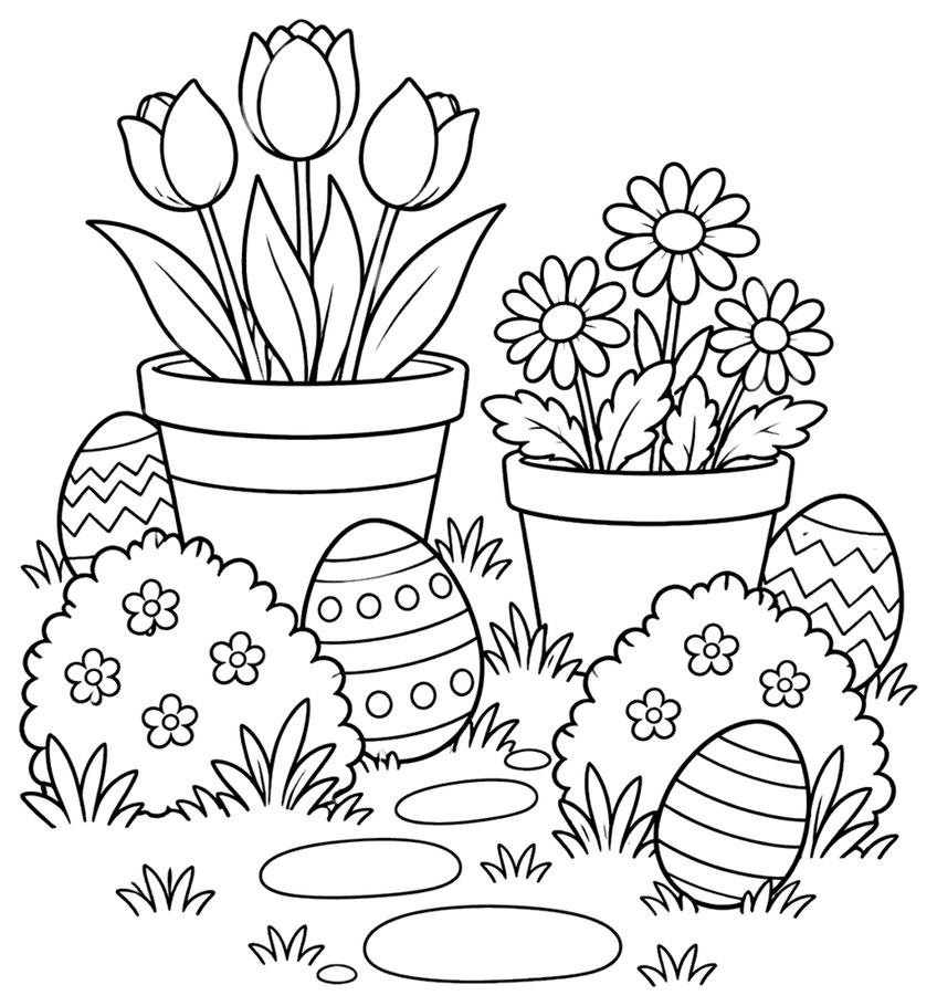 Ausmalbild Gartenbeet mit Tulpentopf, Margeriten und vier Ostereiern