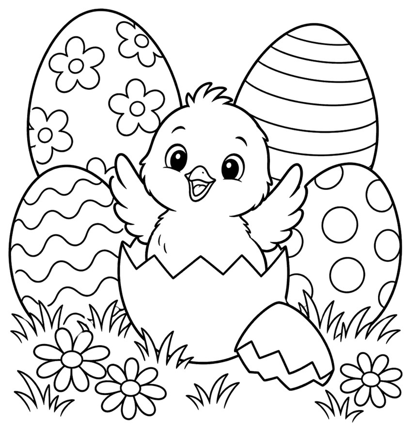 Ausmalbild: Küken in Eierschale zwischen Ostereiern und Blumen