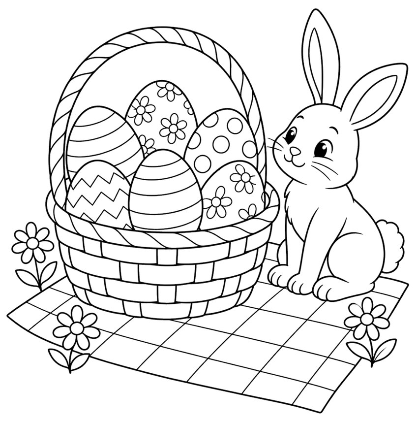Ausmalbild: Osterkorb mit bemalten Eiern, Hase und Blumen auf Picknickdecke