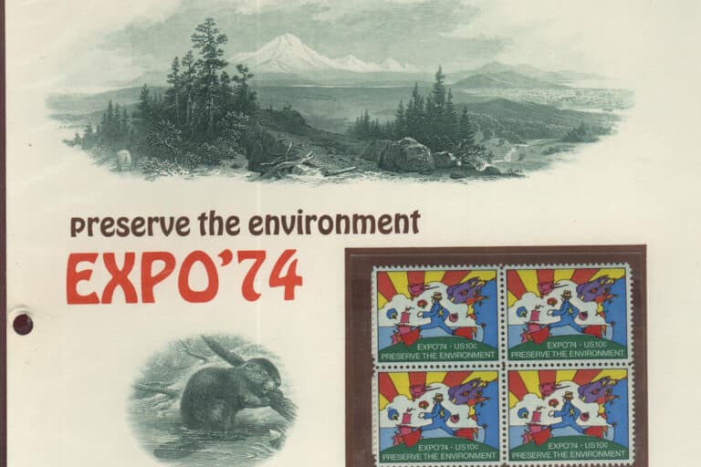 Ein Bogen mit US-Briefmarken zur Expo ’74 wiederholt Peter Max’ farbenfrohes Cosmic-Runner-Motiv und den Schriftzug „Preserve the Environment“.