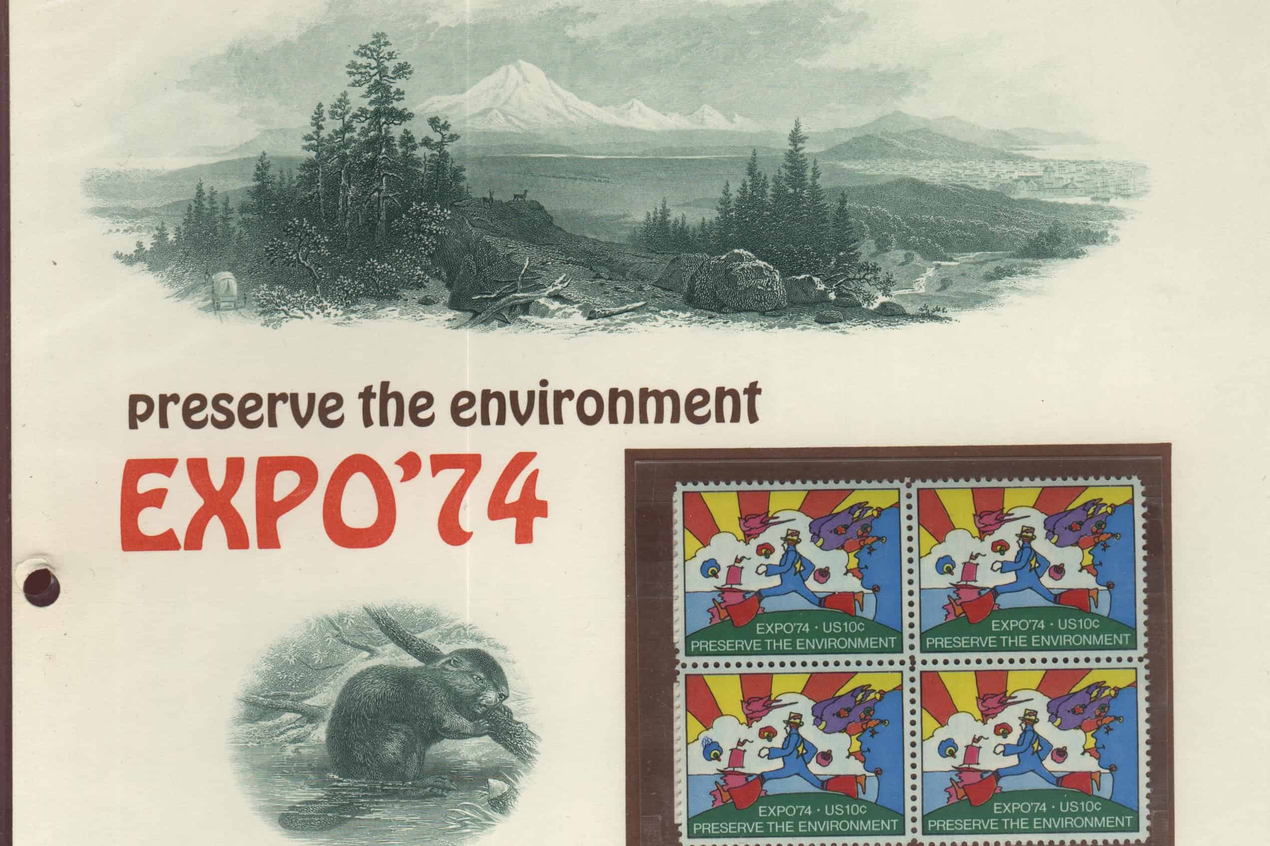 Ein Bogen mit US-Briefmarken zur Expo ’74 wiederholt Peter Max’ farbenfrohes Cosmic-Runner-Motiv und den Schriftzug „Preserve the Environment“.